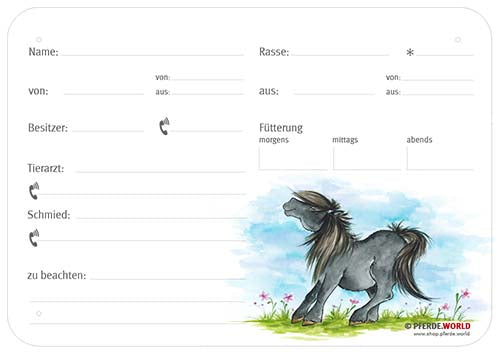 Boxenschild / Stalltafel Pony 300 x 210 mm mit Abstammung, Fütterung, Tierarzt und Schmied