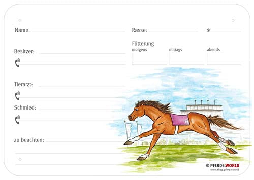 Boxenschild / Stalltafel Galopper 300 x 210 mm ohne Abstammung mit Fütterung, Tierarzt und Schmied