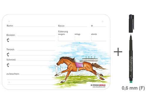 Boxenschild / Stalltafel Galopper 300 x 210 mm ohne Abstammung mit Fütterung, Tierarzt und Schmied