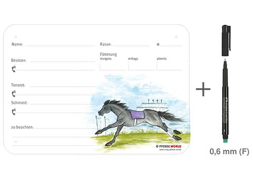 Boxenschild / Stalltafel Galopper 300 x 210 mm ohne Abstammung mit Fütterung, Tierarzt und Schmied