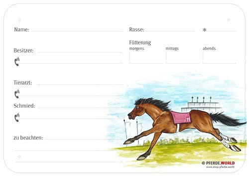 Boxenschild / Stalltafel Galopper 300 x 210 mm ohne Abstammung mit Fütterung, Tierarzt und Schmied