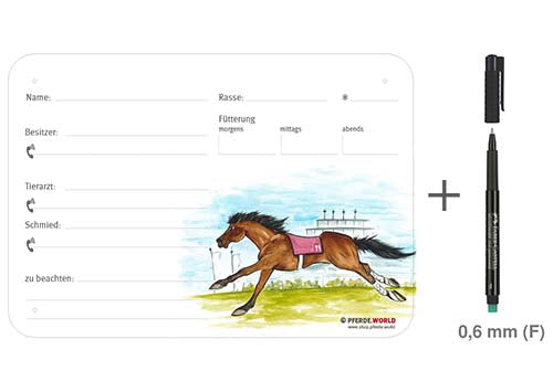 Boxenschild / Stalltafel Galopper 300 x 210 mm ohne Abstammung mit Fütterung, Tierarzt und Schmied