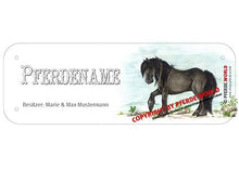 Laden Sie das Bild in den Galerie-Viewer, Boxenschild / Stalltafel Fell Pony mit individuellem Namen 200 x 70 mm