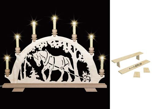 Original erzgebirgischer Schwibbogen / Lichterbogen mit Pferd - Kaltblut beim Holzrücken