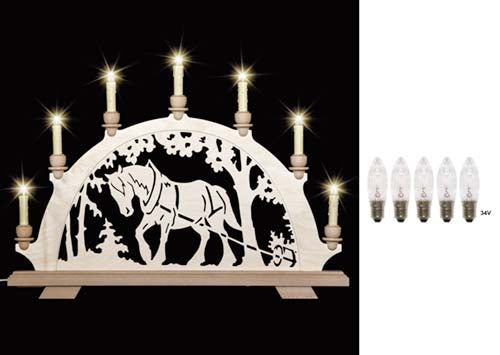 Original erzgebirgischer Schwibbogen / Lichterbogen mit Pferd - Kaltblut beim Holzrücken