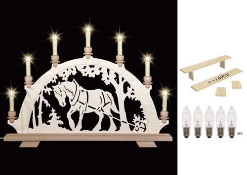 Original erzgebirgischer Schwibbogen / Lichterbogen mit Pferd - Kaltblut beim Holzrücken