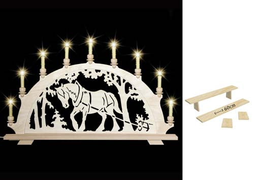 Original erzgebirgischer Schwibbogen / Lichterbogen mit Pferd - Kaltblut beim Holzrücken