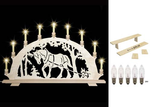 Original erzgebirgischer Schwibbogen / Lichterbogen mit Pferd - Kaltblut beim Holzrücken