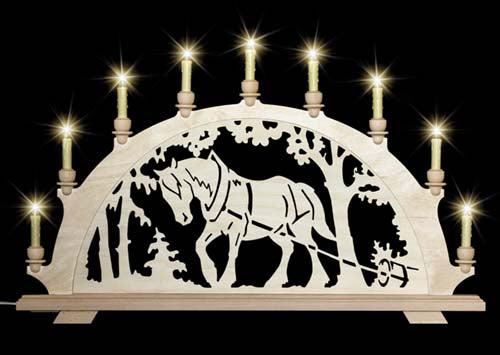 Original erzgebirgischer Schwibbogen / Lichterbogen mit Pferd - Kaltblut beim Holzrücken