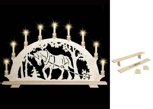 Original erzgebirgischer Schwibbogen / Lichterbogen mit Pferd - Kaltblut beim Holzrücken