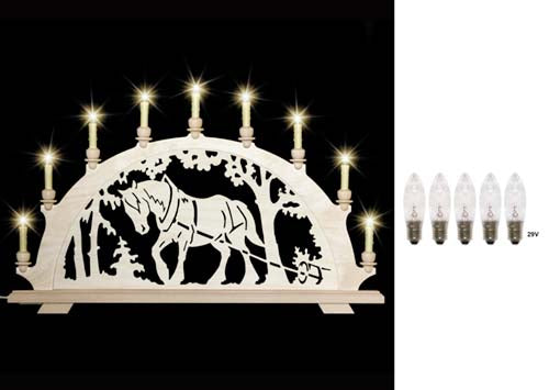 Original erzgebirgischer Schwibbogen / Lichterbogen mit Pferd - Kaltblut beim Holzrücken