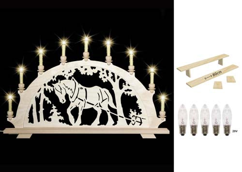 Original erzgebirgischer Schwibbogen / Lichterbogen mit Pferd - Kaltblut beim Holzrücken