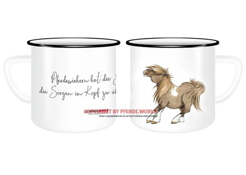 Emaille Tasse - Pony - Pferdewiehern hat die Gabe, die Sorgen im Kopf zu übertönen