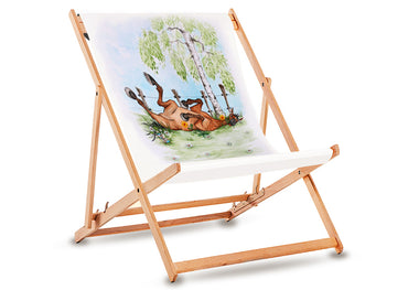 Liegestuhl mit lustigem Pferdemotiv bedruckt