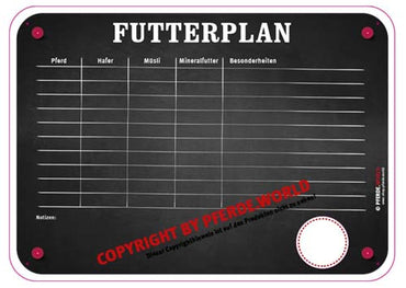 Futterplan (Hafer, Müsli, Mineralfutter, Besonderheiten) mit Kreidestiften, Stifthaltern, Haken und Schwammtuch