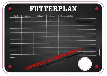 Futterplan (morgens, mittags, abends, Besonderheiten) mit Kreidestiften, Stifthaltern, Haken und Schwammtuch