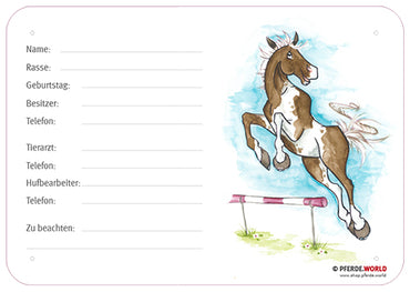 Boxenschild Springpferd 300 x 210 mm mit Tierarzt und Hufbearbeiter