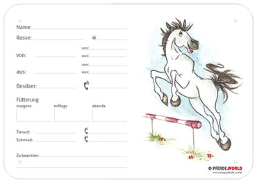 Boxenschild Springpferd 300 x 210 mm mit Abstammung, Fütterung, Tierarzt und Schmied