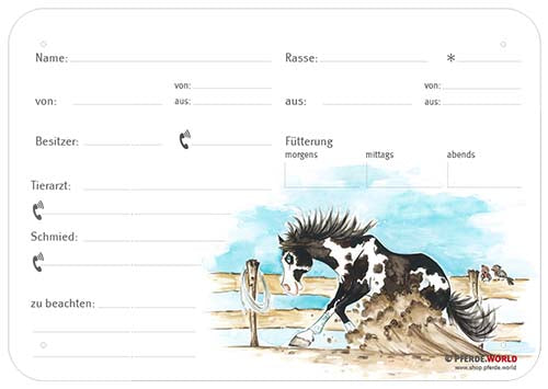 Boxenschild / Stalltafel Painthorse (Paint Horse) Sliding Stopp 300 x 210 mm mit Abstammung, Fütterung, Tierarzt und Schmied