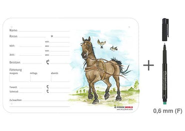 Boxenschild / Stalltafel Fahrpferd - Kutschpferd 300 x 210 mm mit Abstammung, Fütterung, Tierarzt und Schmied