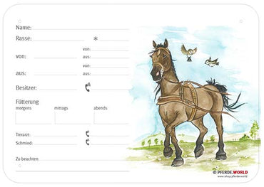Boxenschild / Stalltafel Fahrpferd - Kutschpferd 300 x 210 mm mit Abstammung, Fütterung, Tierarzt und Schmied