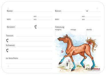 Boxenschild / Stalltafel Dressurpferd 300 x 210 mm mit Abstammung, Fütterung, Tierarzt und Schmied