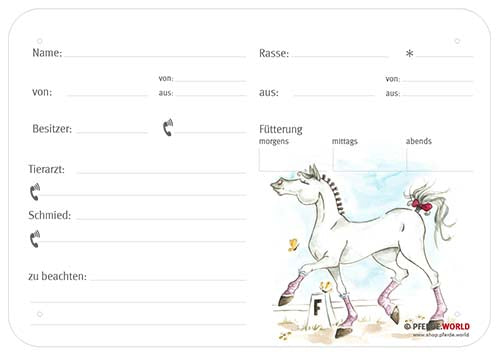 Boxenschild / Stalltafel Dressurpferd 300 x 210 mm mit Abstammung, Fütterung, Tierarzt und Schmied