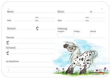 Boxenschild / Stalltafel Pony 300 x 210 mm mit Abstammung, Fütterung, Tierarzt und Schmied