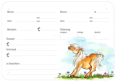 Boxenschild / Stalltafel Pony 300 x 210 mm mit Abstammung, Fütterung, Tierarzt und Schmied