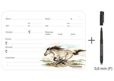 Boxenschild / Stalltafel Mustang 300 x 210 mm mit Abstammung, Fütterung, Tierarzt und Schmied