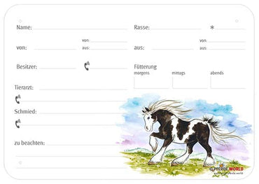 Boxenschild Tinker 300 x 210 mm mit Abstammung, Fütterung, Tierarzt und Schmied