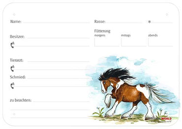 Boxenschild Tinker 300 x 210 mm ohne Abstammung mit Fütterung, Tierarzt und Schmied