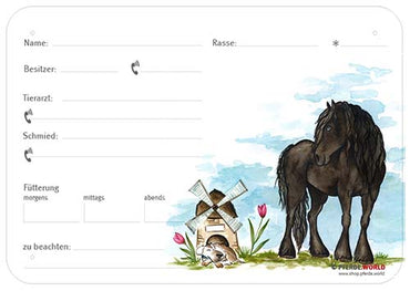 Boxenschild / Stalltafel Friese 300 x 210 mm ohne Abstammung mit Fütterung, Tierarzt und Schmied