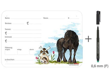 Boxenschild / Stalltafel Friese 300 x 210 mm ohne Abstammung mit Fütterung, Tierarzt und Schmied