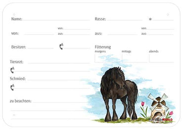 Boxenschild / Stalltafel Friese 300 x 210 mm mit Abstammung, Fütterung, Tierarzt und Schmied