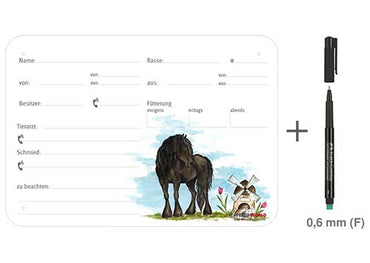 Boxenschild / Stalltafel Friese 300 x 210 mm mit Abstammung, Fütterung, Tierarzt und Schmied