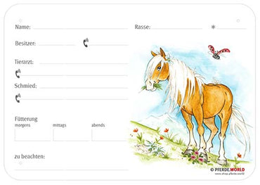 Boxenschild Haflinger 300 x 210 mm ohne Abstammung mit Fütterung, Tierarzt und Schmied