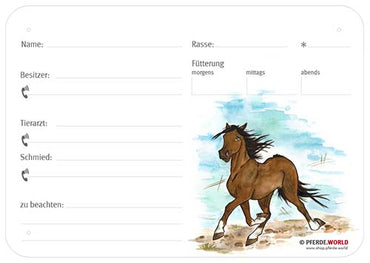 Boxenschild Traber 300 x 210 mm ohne Abstammung mit Fütterung, Tierarzt und Schmied