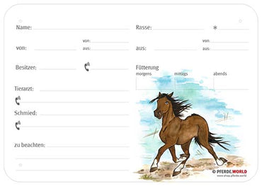 Boxenschild Traber 300 x 210 mm mit Abstammung, Fütterung, Tierarzt und Schmied