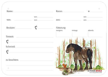Boxenschild Noriker im Wald 300 x 210 mm mit Abstammung, Fütterung, Tierarzt und Schmied