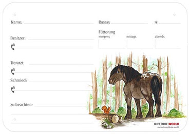 Boxenschild Noriker im Wald 300 x 210 mm ohne Abstammung mit Fütterung, Tierarzt und Schmied