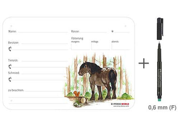 Boxenschild Noriker im Wald 300 x 210 mm ohne Abstammung mit Fütterung, Tierarzt und Schmied