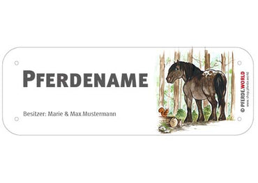 Boxenschild / Stalltafel Noriker (Waldmotiv) mit individuellem Namen 200 x 70 mm