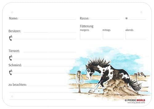 Boxenschild / Stalltafel Painthorse (Paint Horse) Sliding Stopp 300 x 210 mm ohne Abstammung, mit Fütterung, Tierarzt und Schmied