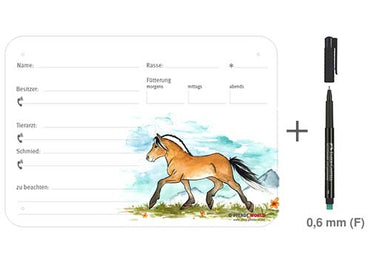 Boxenschild / Stalltafel Fjordpferd 300 x 210 mm ohne Abstammung mit Fütterung, Tierarzt und Schmied