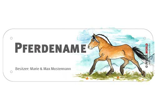 Boxenschild / Stalltafel Fjordpferd mit individuellem Namen 200 x 70 mm