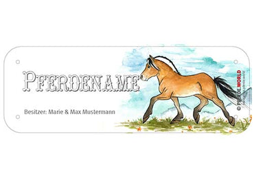 Boxenschild / Stalltafel Fjordpferd mit individuellem Namen 200 x 70 mm