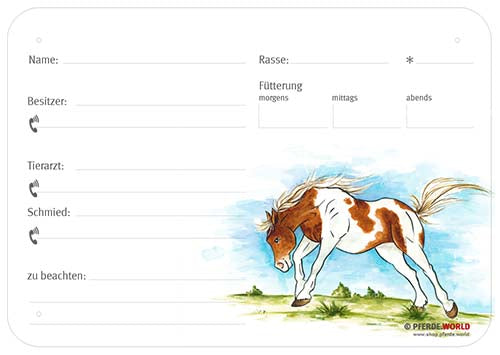 Boxenschild / Stalltafel Painthorse (Paint Horse)  300 x 210 mm ohne Abstammung, mit Fütterung, Tierarzt und Schmied