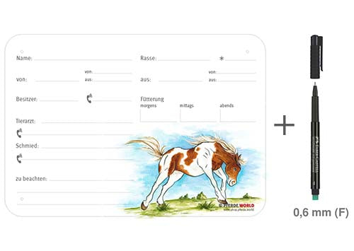 Boxenschild / Stalltafel Paint Horse (Painthorse) 300 x 210 mm mit Abstammung, Fütterung, Tierarzt und Schmied