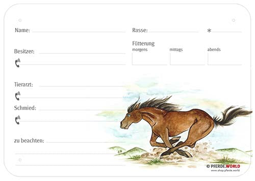 Boxenschild / Stalltafel Mustang 300 x 210 mm ohne Abstammung mit Fütterung, Tierarzt und Schmied